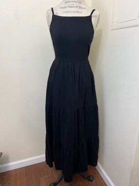 Cottton Black Old Navy shoulder tie maxi dress tiers skirt elastice back Size S